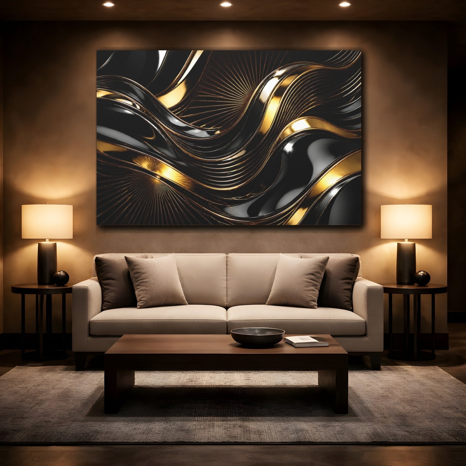Mockup 2. Abstract Gold Waves shown as canvas print