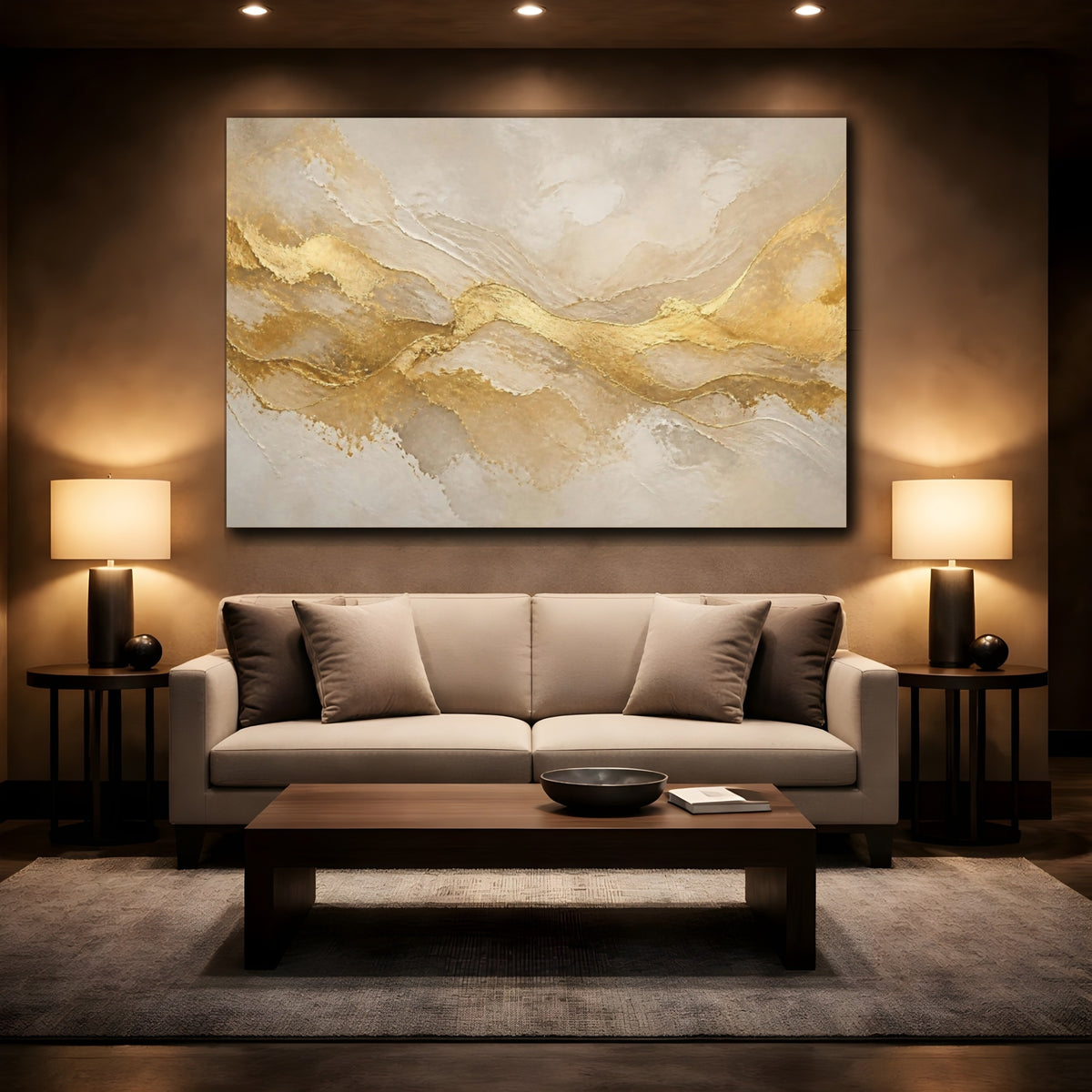 Mockup 2. Abstract Gold Waves shown as canvas print