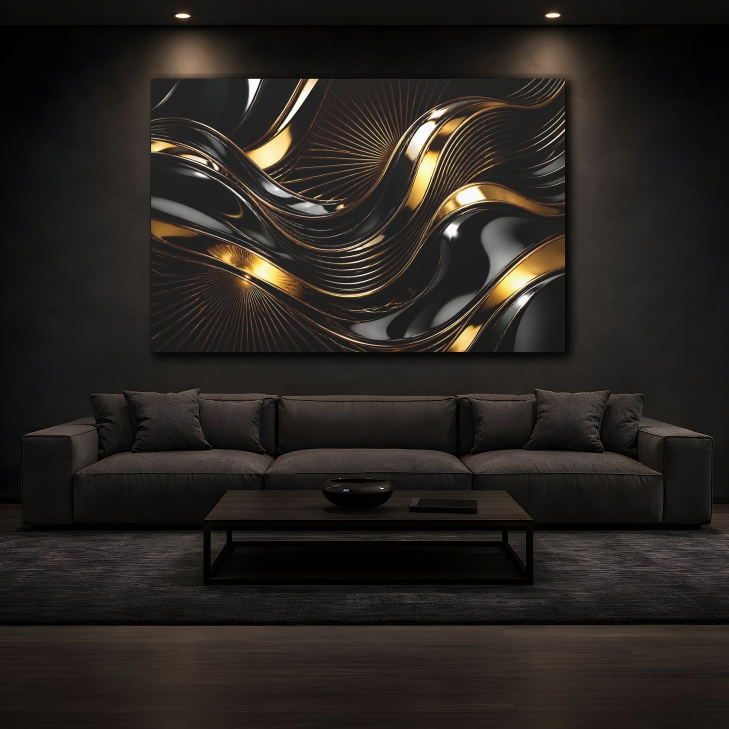 Mockup 3. Abstract Gold Waves shown as canvas print