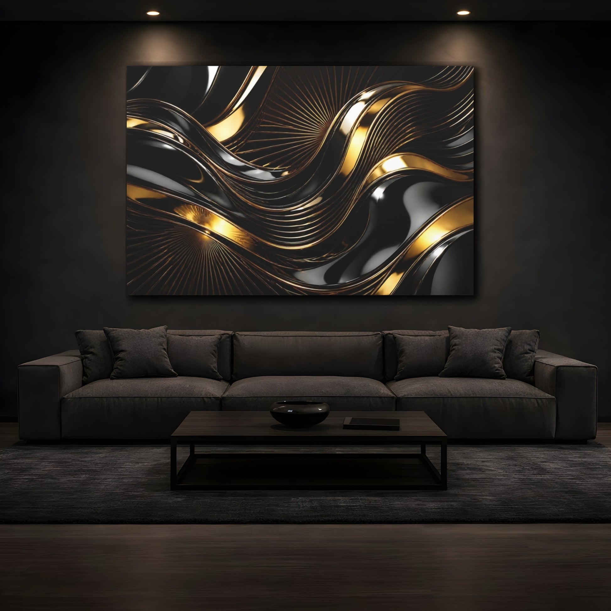 Mockup 3. Abstract Gold Waves shown as canvas print