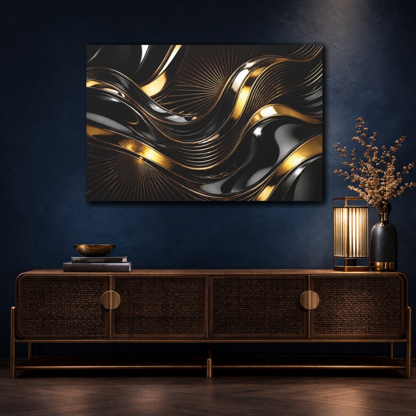 Mockup 4. Abstract Gold Waves shown as canvas print