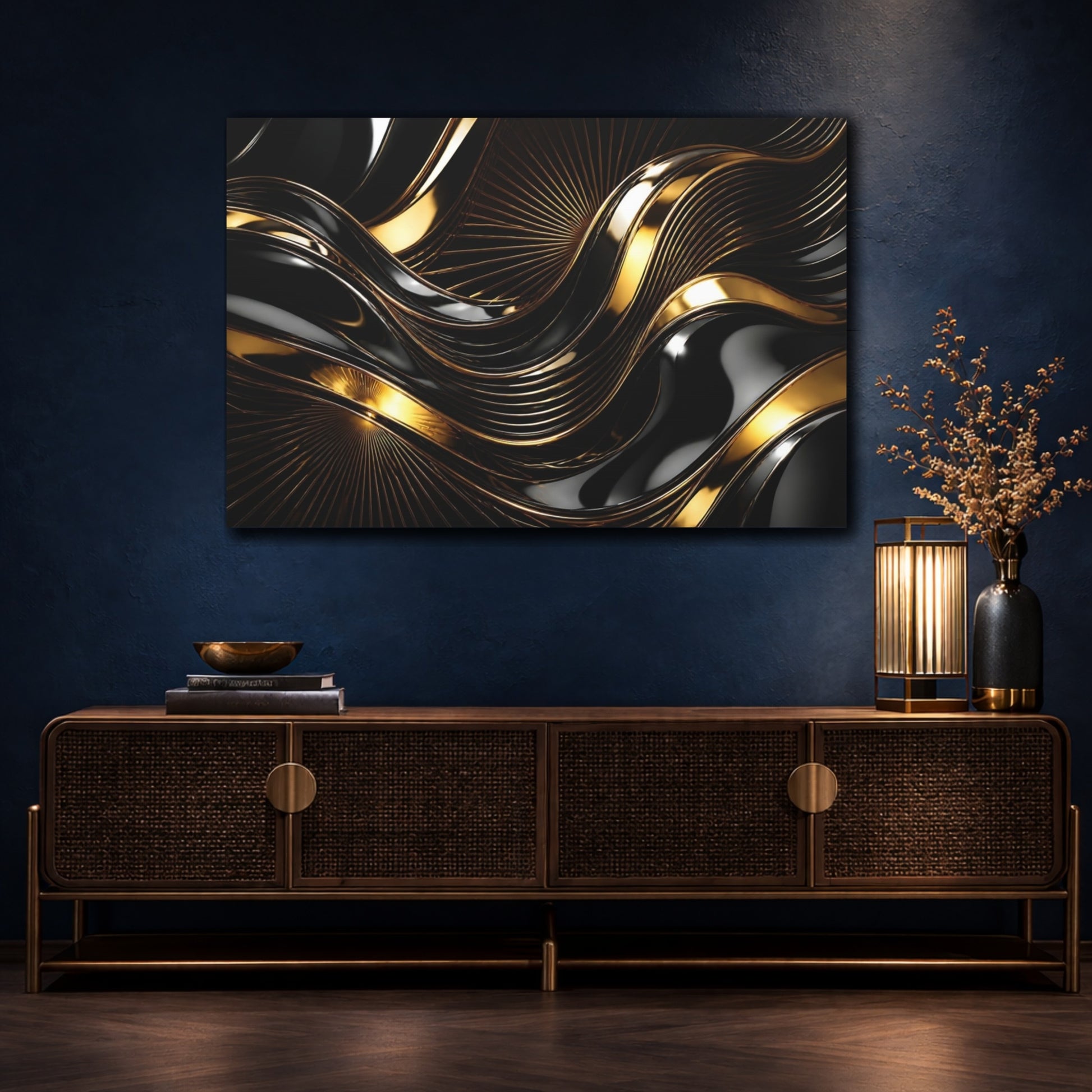 Mockup 4. Abstract Gold Waves shown as canvas print