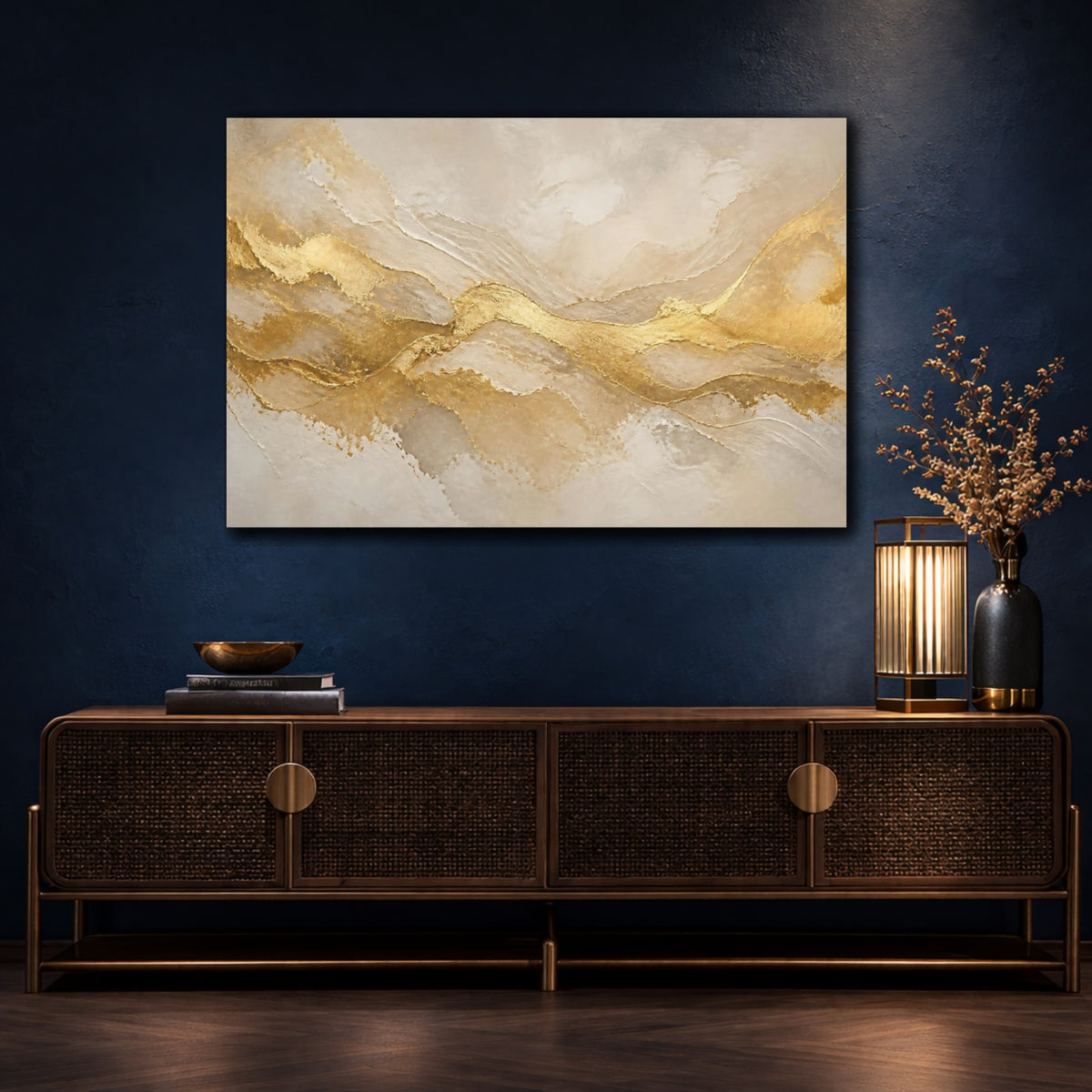 Mockup 4. Abstract Gold Waves shown as canvas print