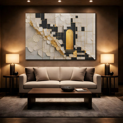 Mockup 2. Abstract Golden Archway Gold And Black shown as stretched canvas wall art