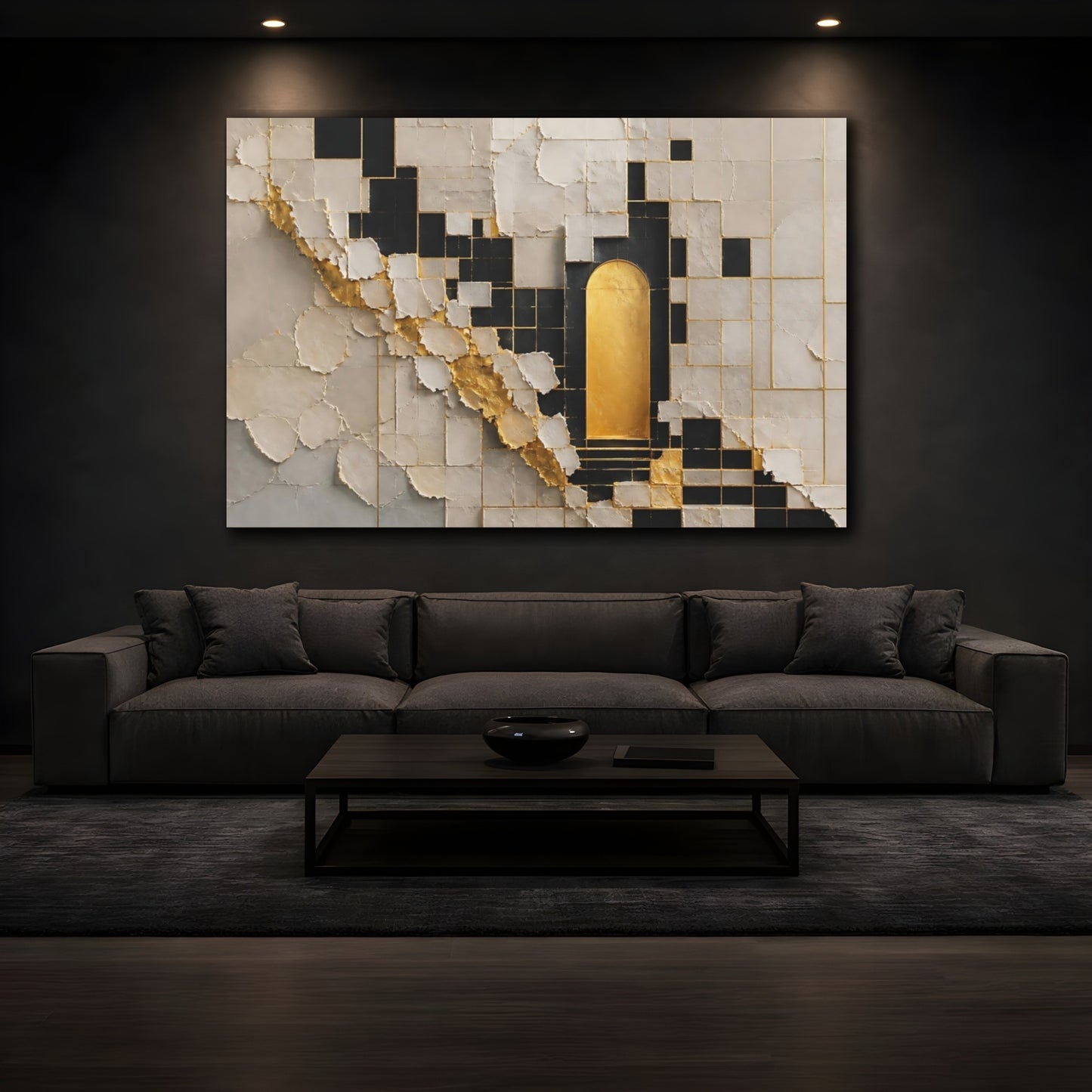 Mockup 3. Abstract Golden Archway Gold And Black shown as stretched canvas wall art