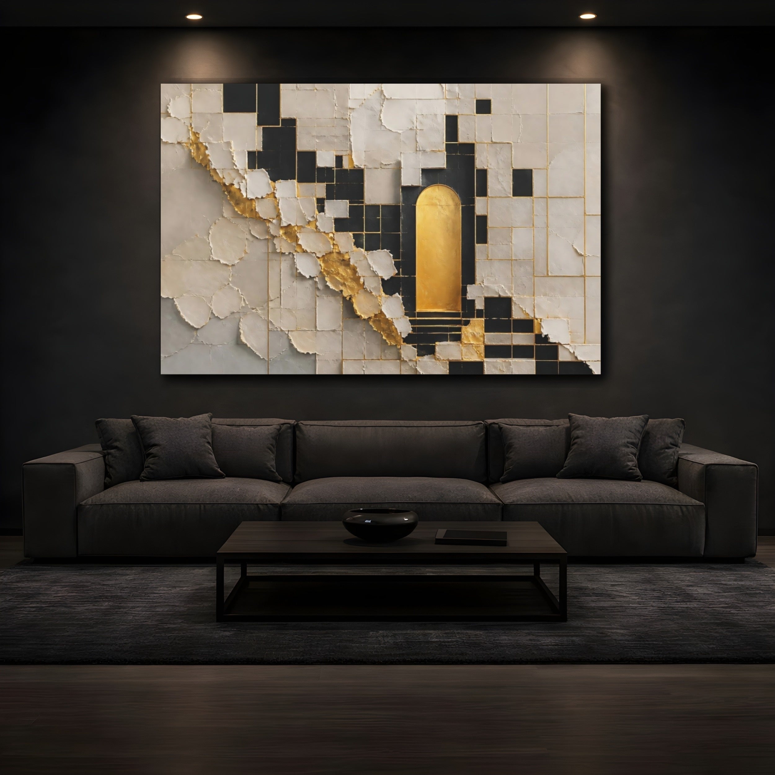 Mockup 3. Abstract Golden Archway Gold And Black shown as stretched canvas wall art