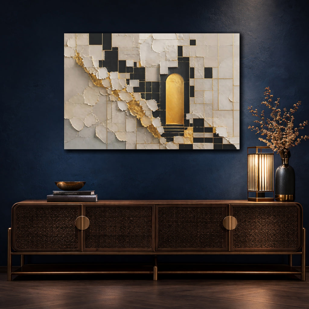 Mockup 4. Abstract Golden Archway Gold And Black shown as stretched canvas wall art