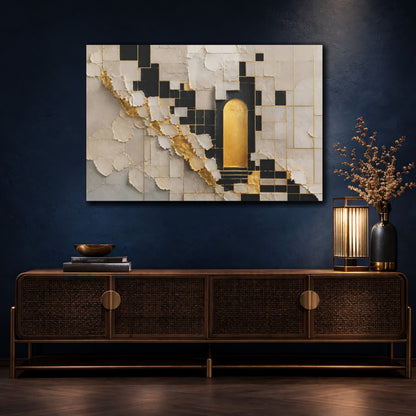 Mockup 4. Abstract Golden Archway Gold And Black shown as stretched canvas wall art