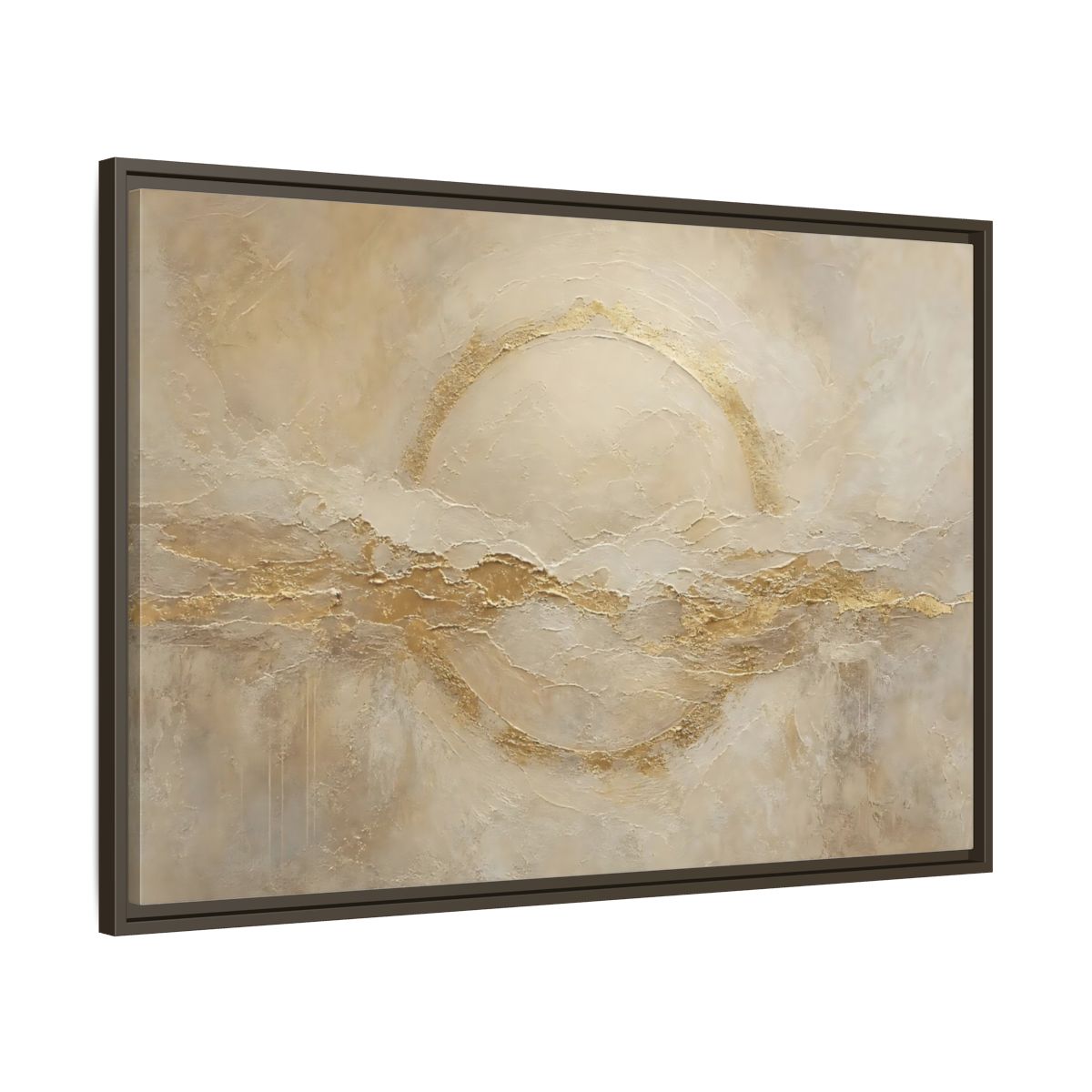 Main Mockup. Abstract Golden Circle Beige Gold Abstract shown as stretched canvas wall art