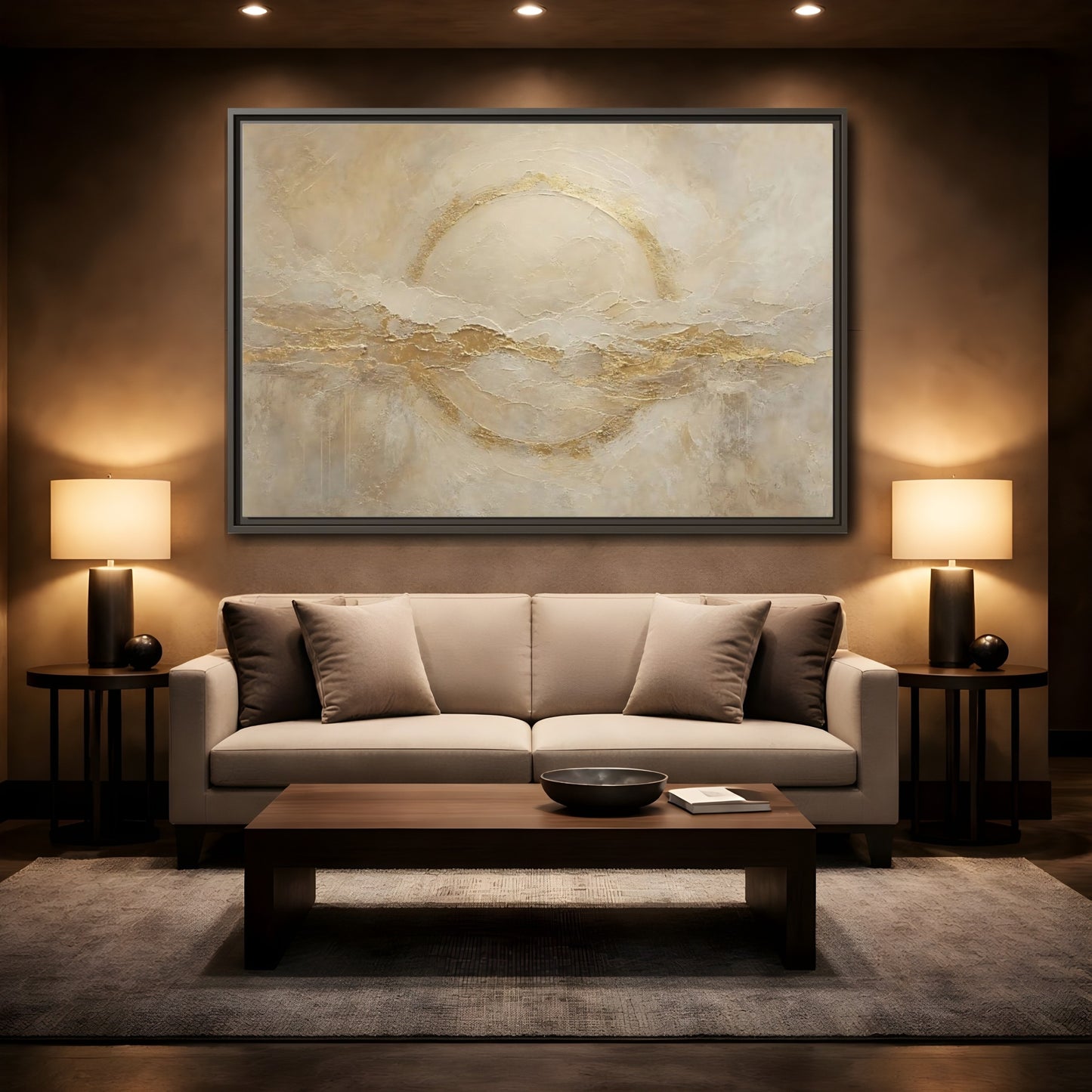 Mockup 2. Abstract Golden Circle Beige Gold Abstract shown as stretched canvas wall art