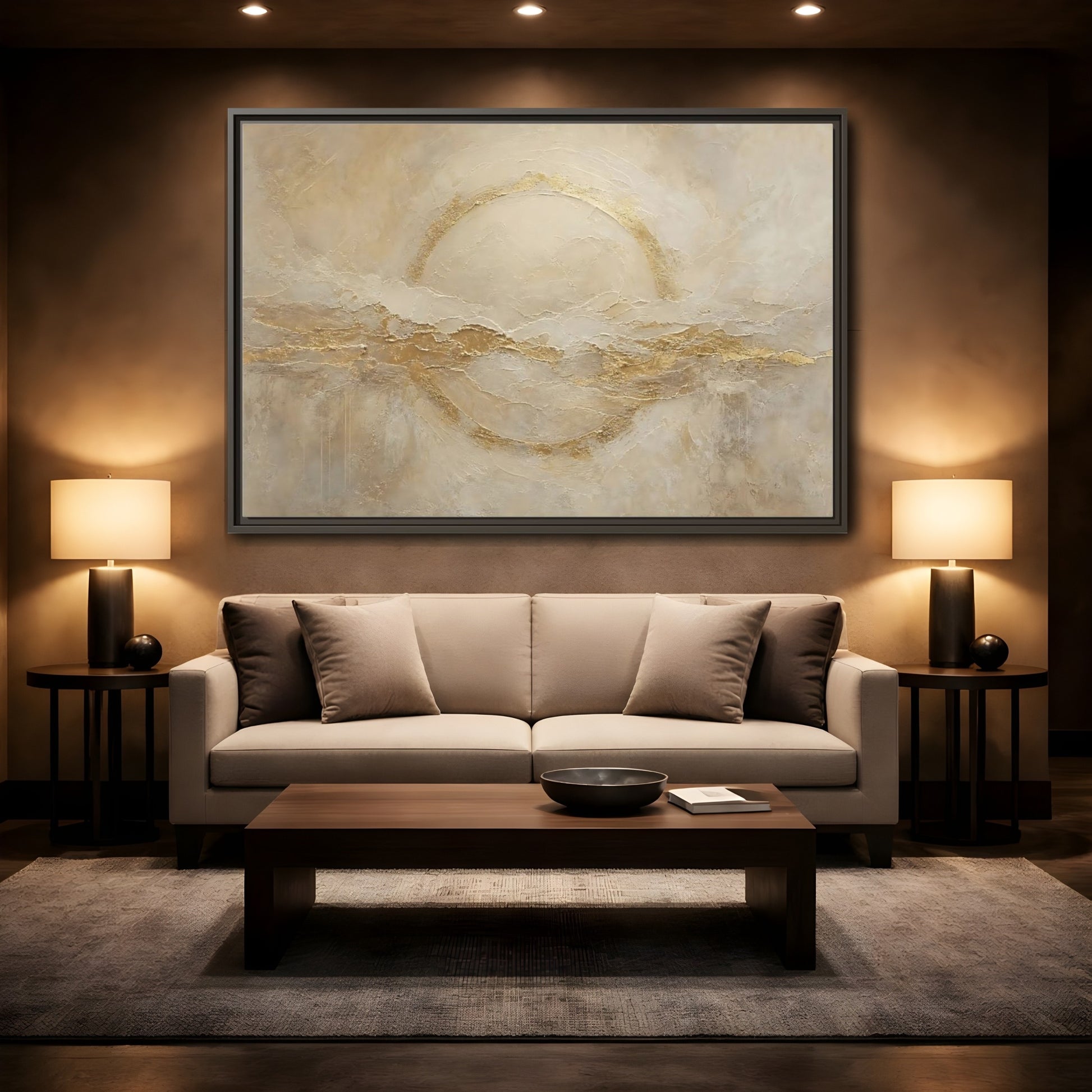 Mockup 2. Abstract Golden Circle Beige Gold Abstract shown as stretched canvas wall art