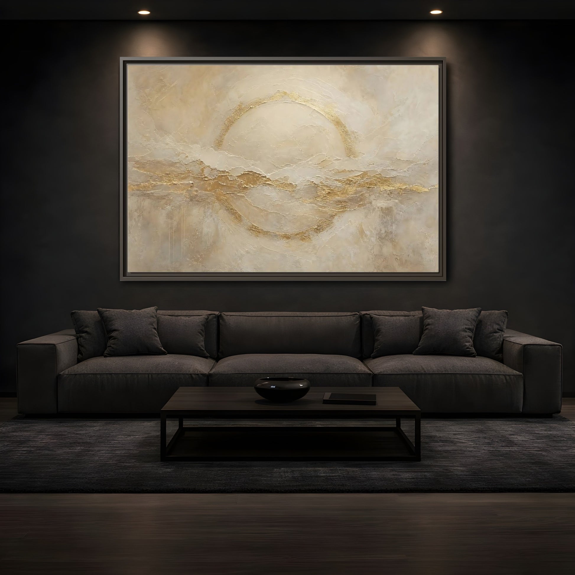Mockup 3. Abstract Golden Circle Beige Gold Abstract shown as stretched canvas wall art