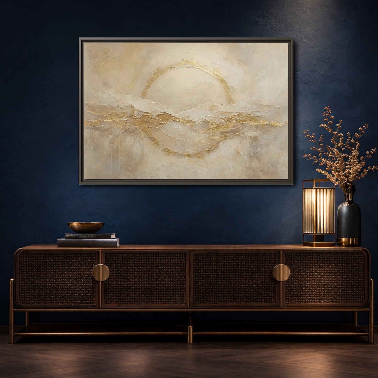 Mockup 4. Abstract Golden Circle Beige Gold Abstract shown as stretched canvas wall art