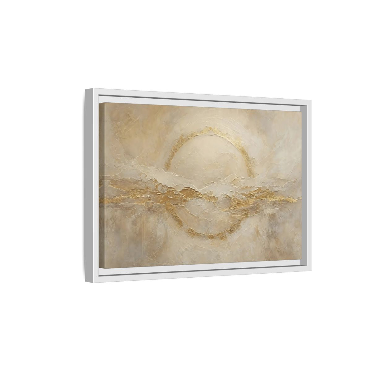 Side Mockup 4. Abstract Golden Circle Beige Gold Abstract shown as stretched canvas wall art