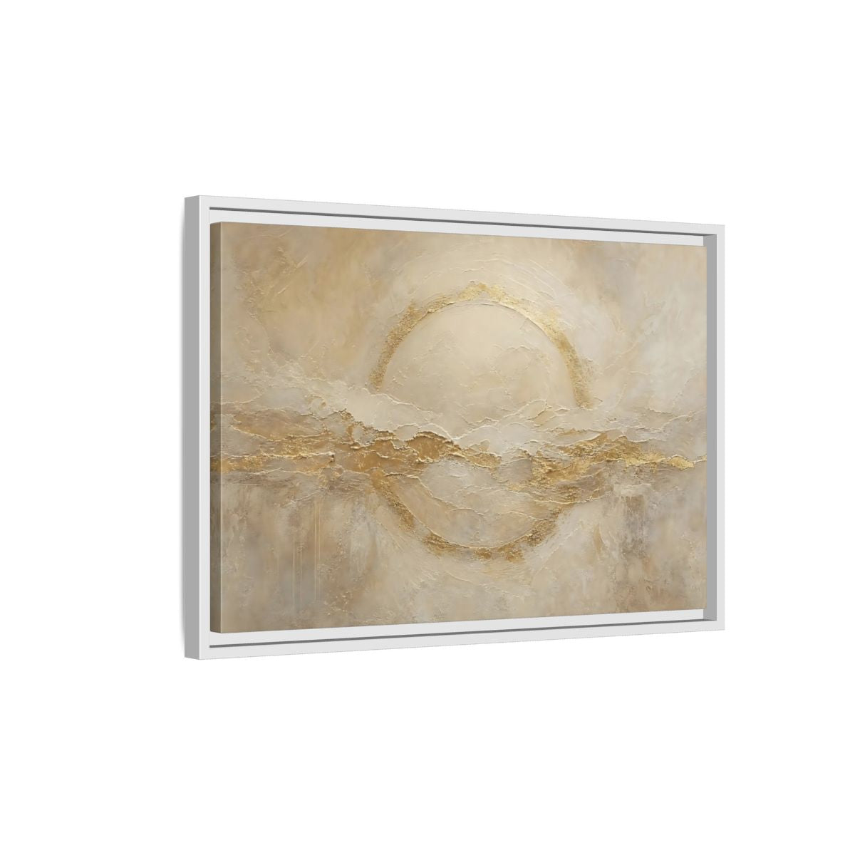 Side Mockup 1. Abstract Golden Circle Beige Gold Abstract shown as stretched canvas wall art