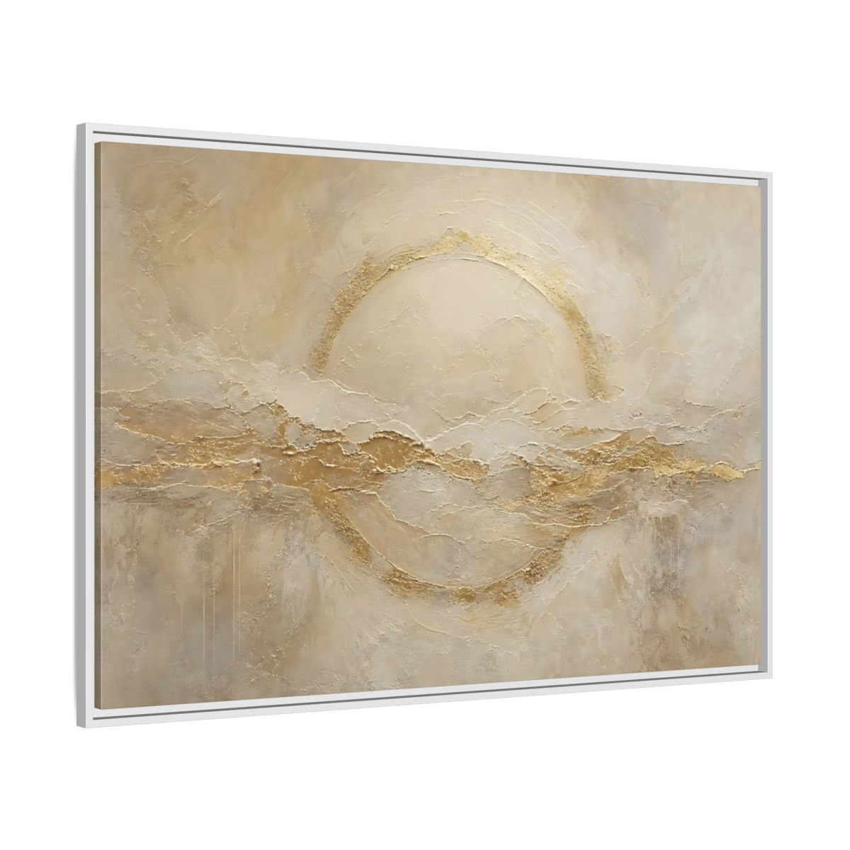 Side Mockup 7. Abstract Golden Circle Beige Gold Abstract shown as stretched canvas wall art