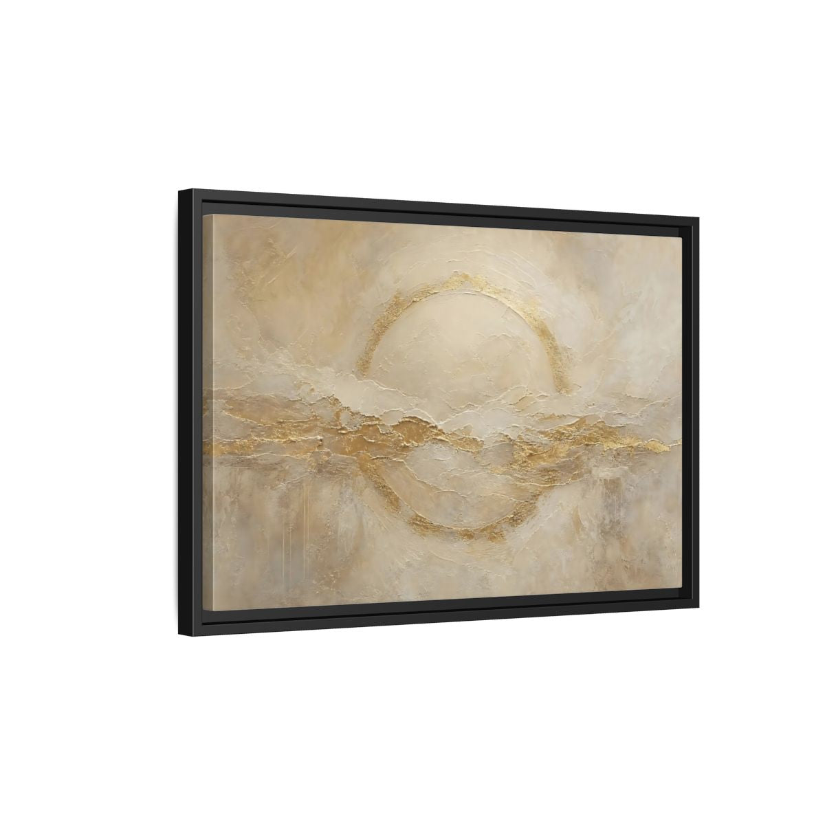 Side Mockup 3. Abstract Golden Circle Beige Gold Abstract shown as stretched canvas wall art