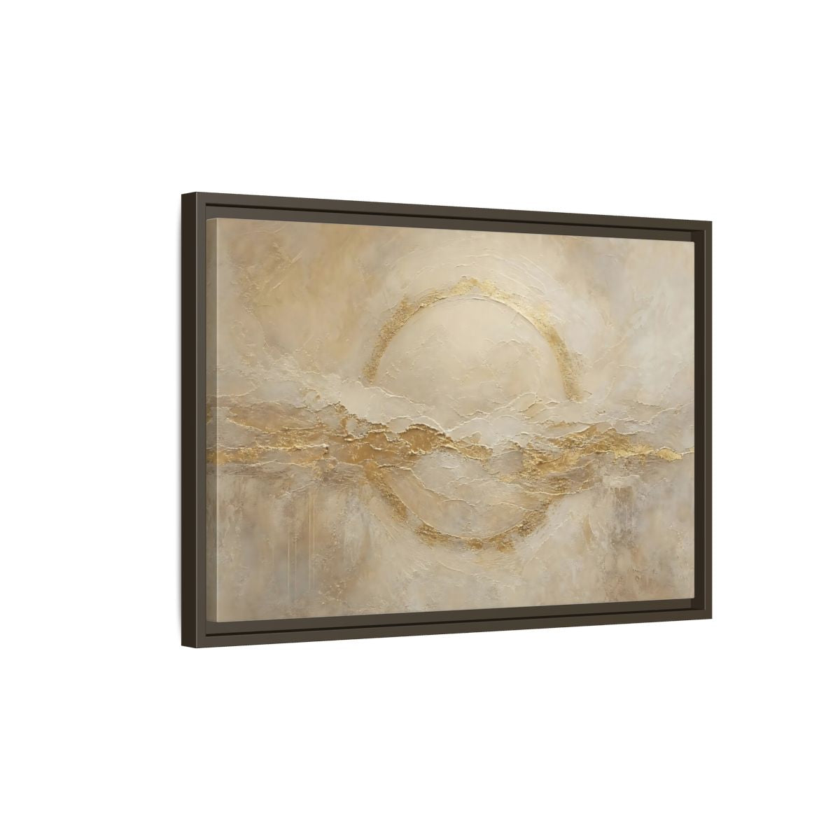 Side Mockup 2. Abstract Golden Circle Beige Gold Abstract shown as stretched canvas wall art