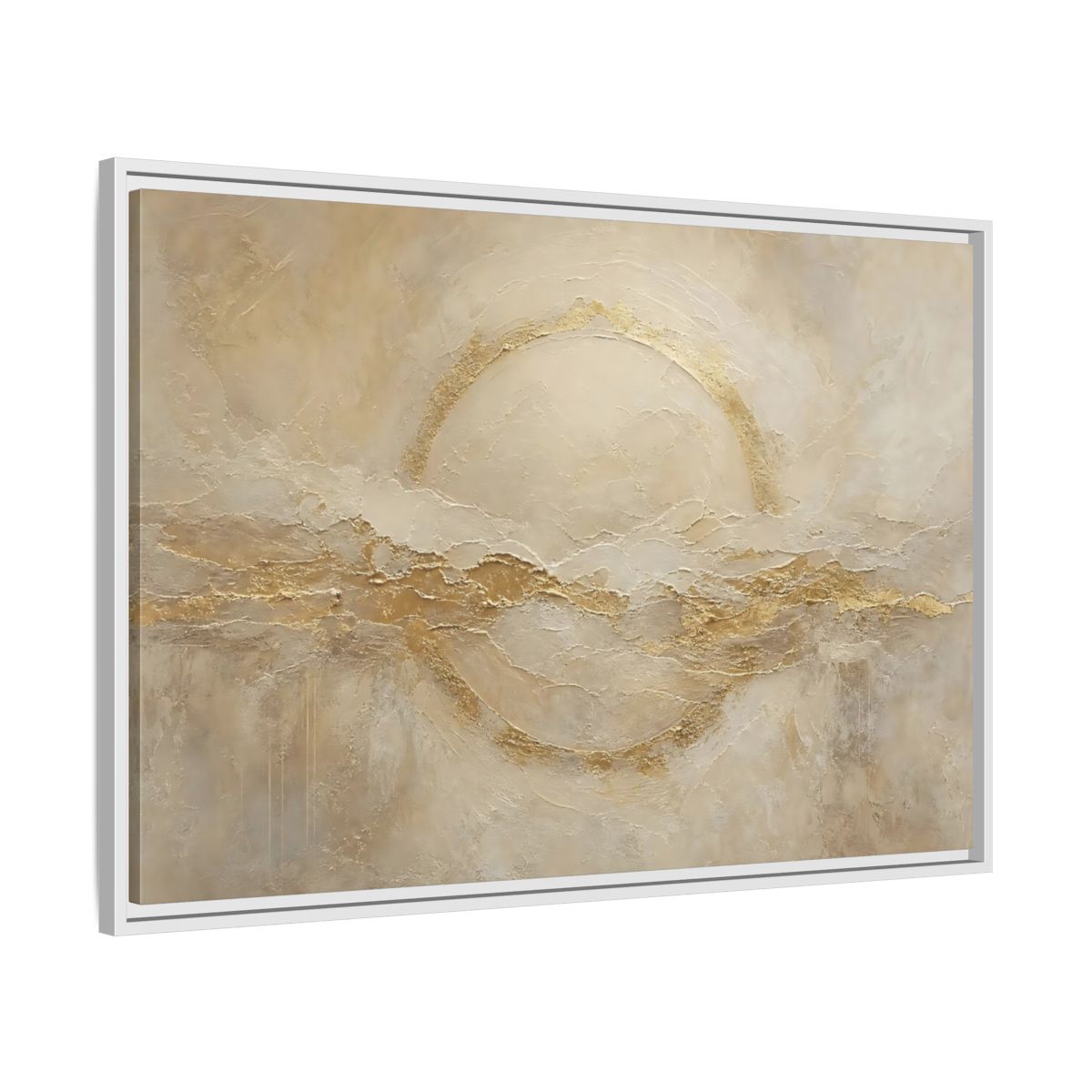 Side Mockup 9. Abstract Golden Circle Beige Gold Abstract shown as stretched canvas wall art