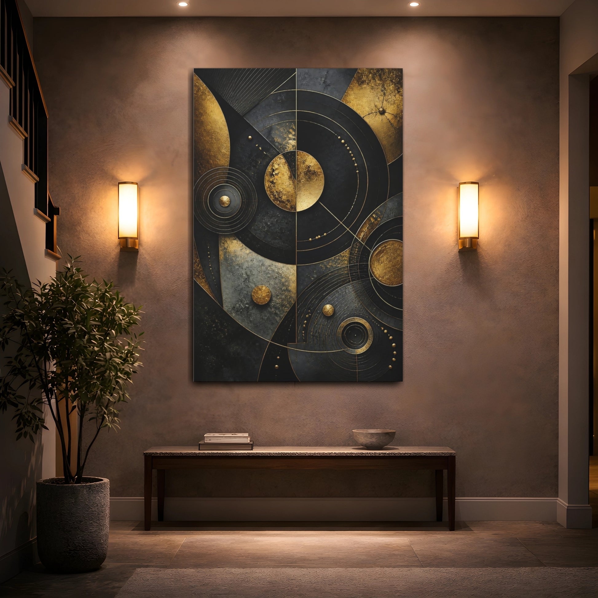 Mockup 2. Abstract Golden Concentric Circles shown as canvas print