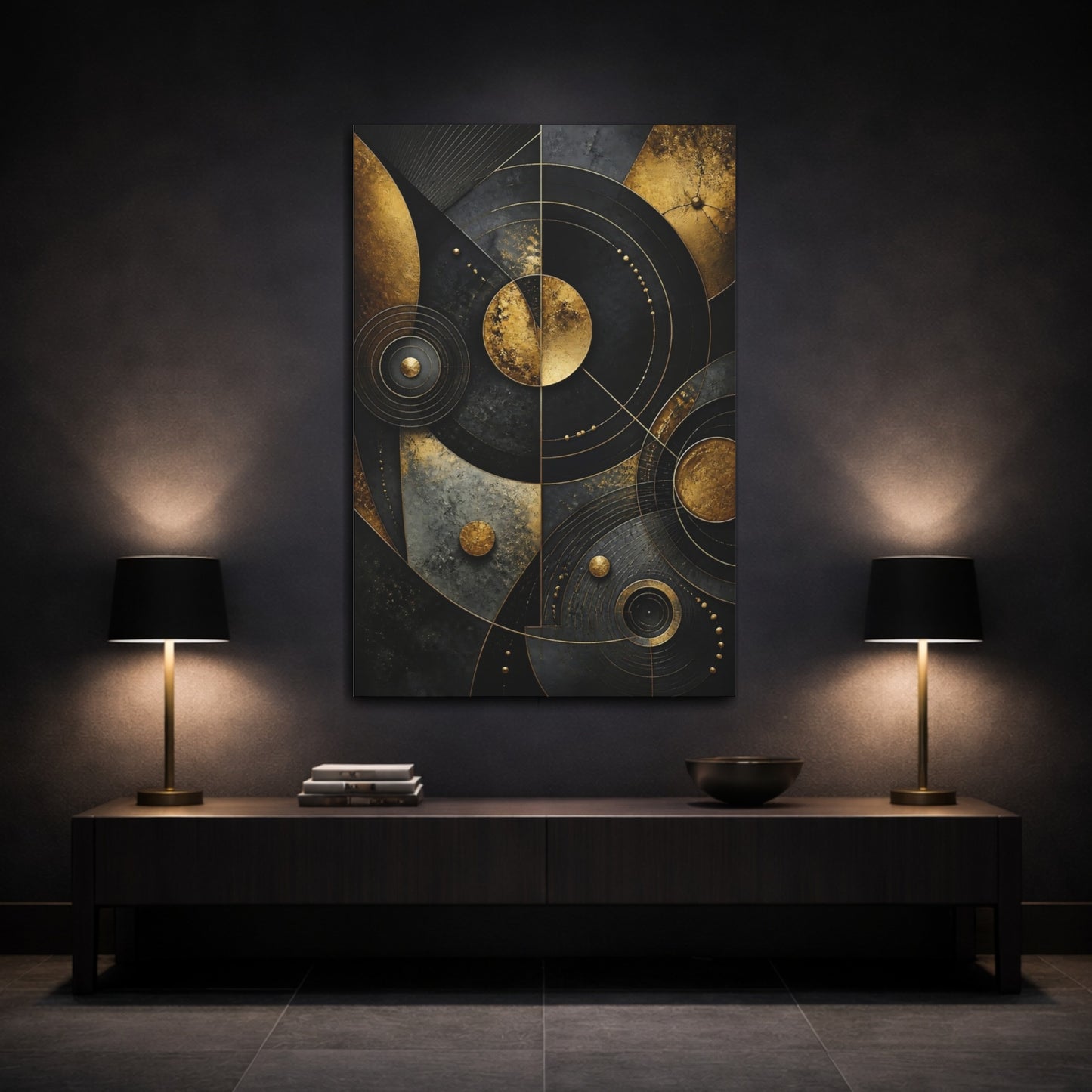 Mockup 3. Abstract Golden Concentric Circles shown as canvas print