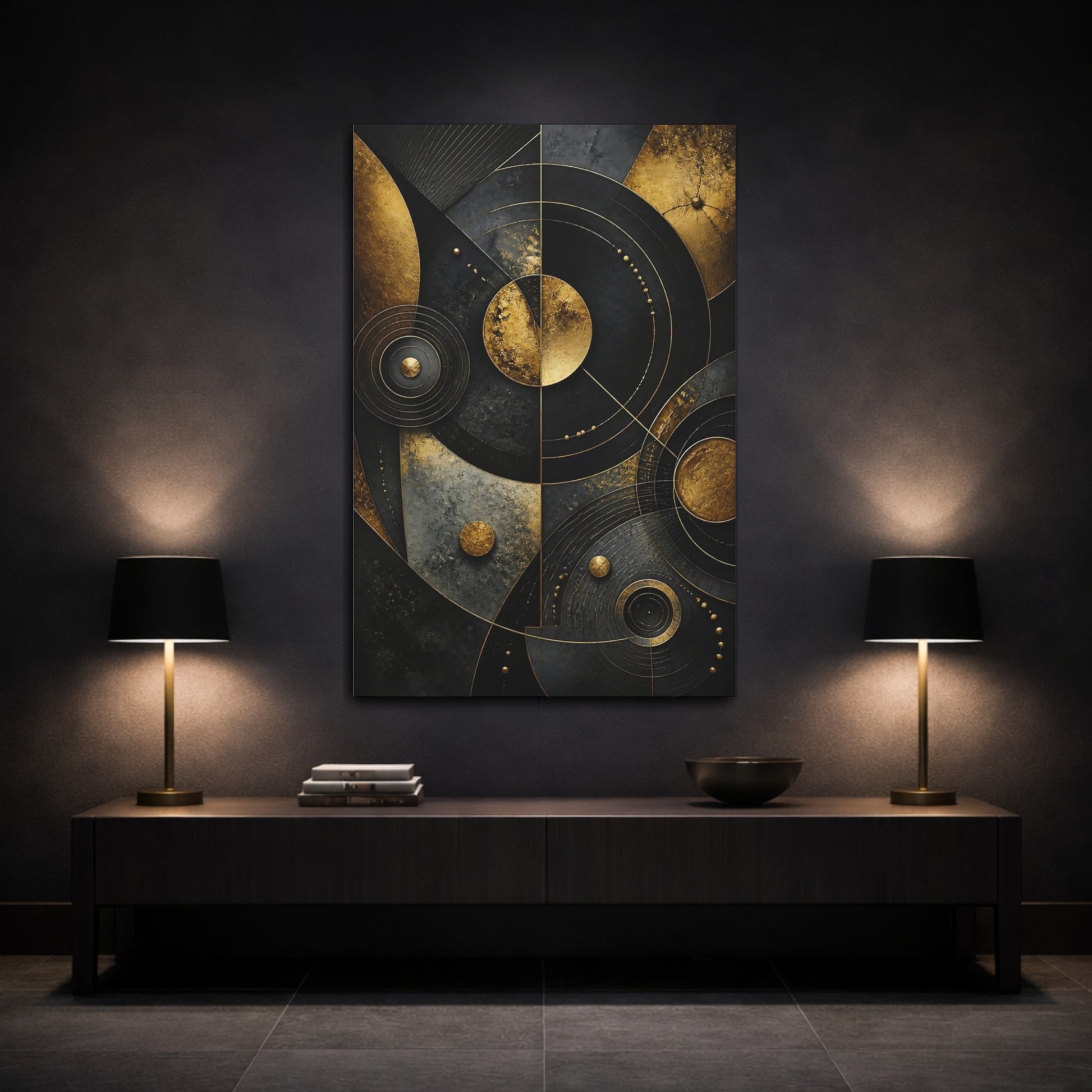 Mockup 3. Abstract Golden Concentric Circles shown as canvas print