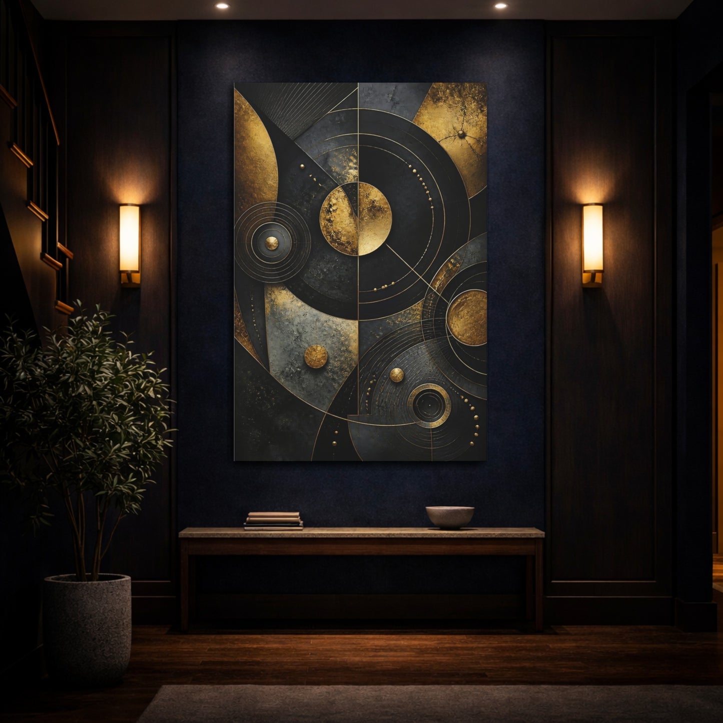 Mockup 4. Abstract Golden Concentric Circles shown as canvas print