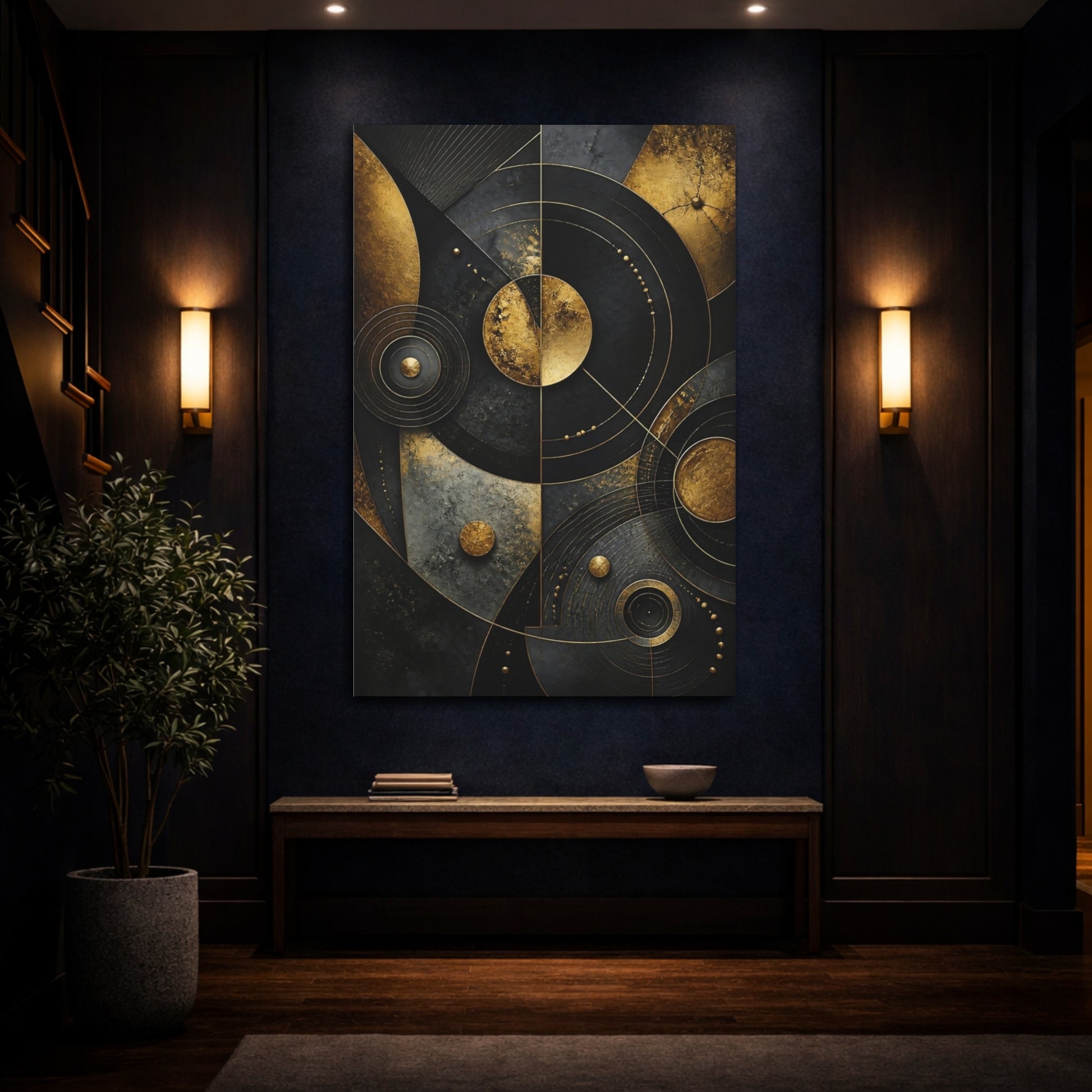 Mockup 4. Abstract Golden Concentric Circles shown as canvas print