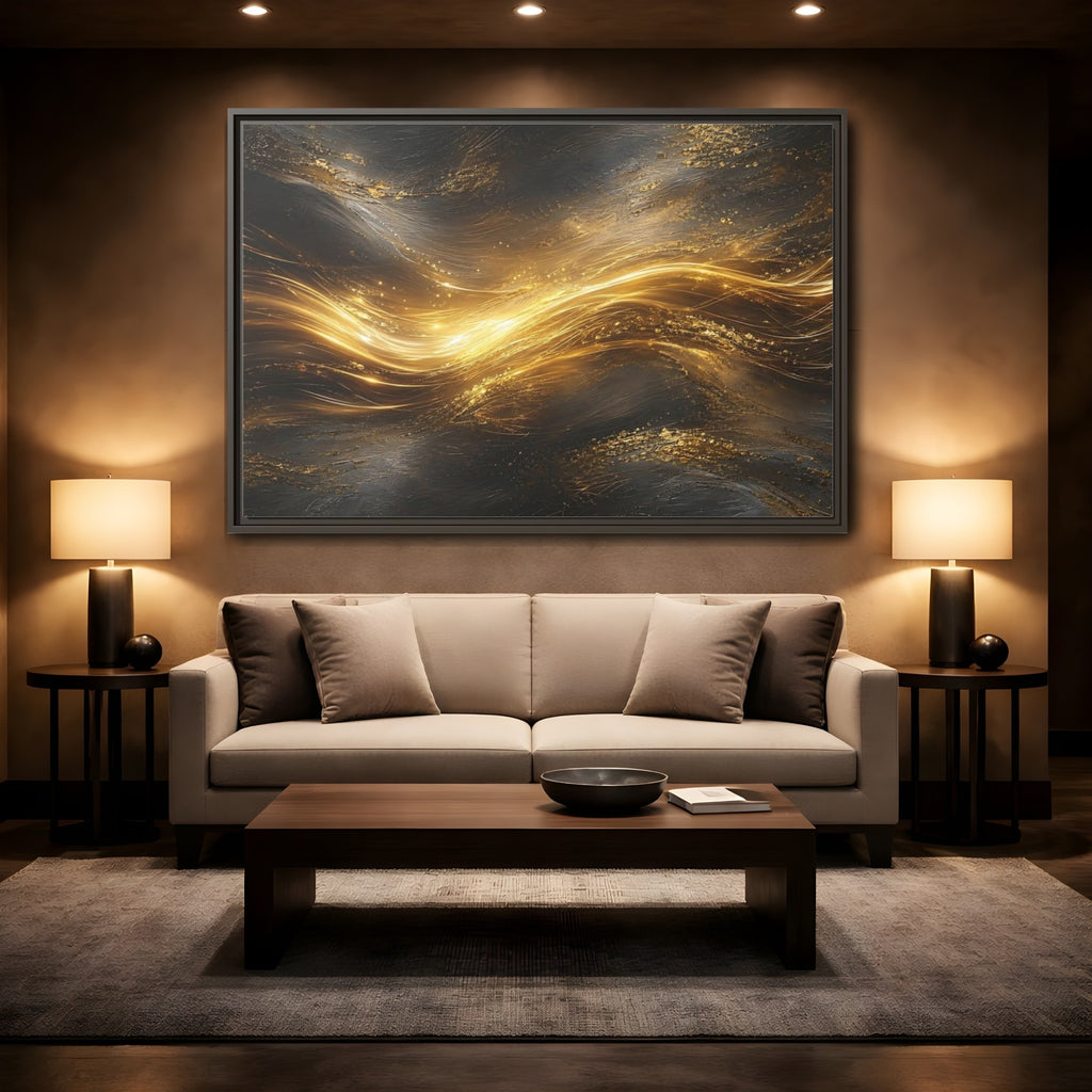Mockup 2. Abstract Golden Flow Gold And Black shown as stretched canvas wall art