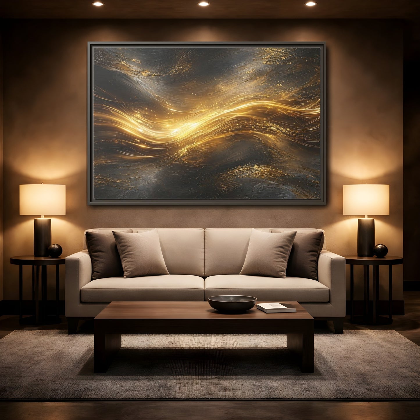 Mockup 2. Abstract Golden Flow Gold And Black shown as stretched canvas wall art