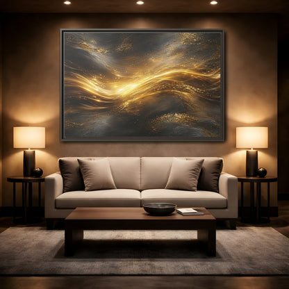 Mockup 2. Abstract Golden Flow Gold And Black shown as stretched canvas wall art