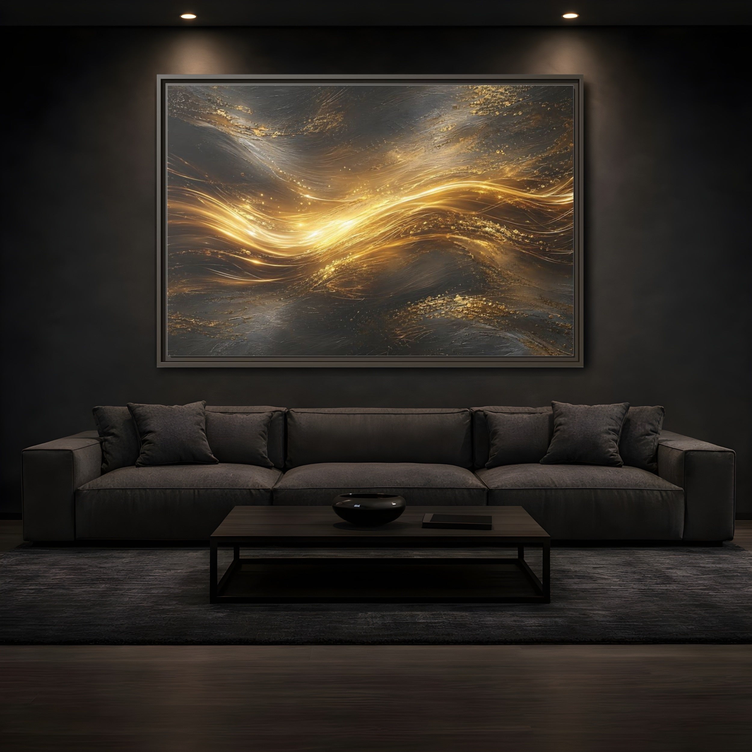 Mockup 3. Abstract Golden Flow Gold And Black shown as stretched canvas wall art