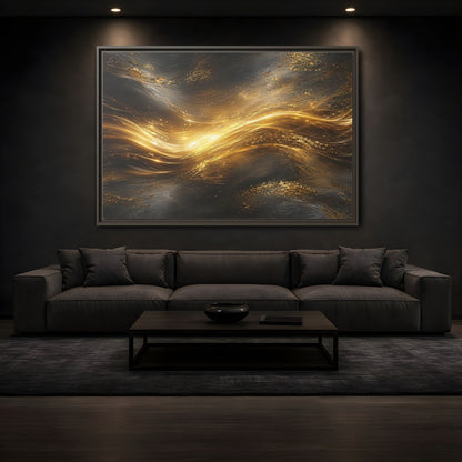 Mockup 3. Abstract Golden Flow Gold And Black shown as stretched canvas wall art