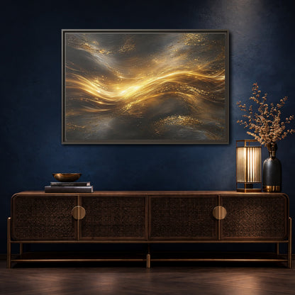 Mockup 4. Abstract Golden Flow Gold And Black shown as stretched canvas wall art