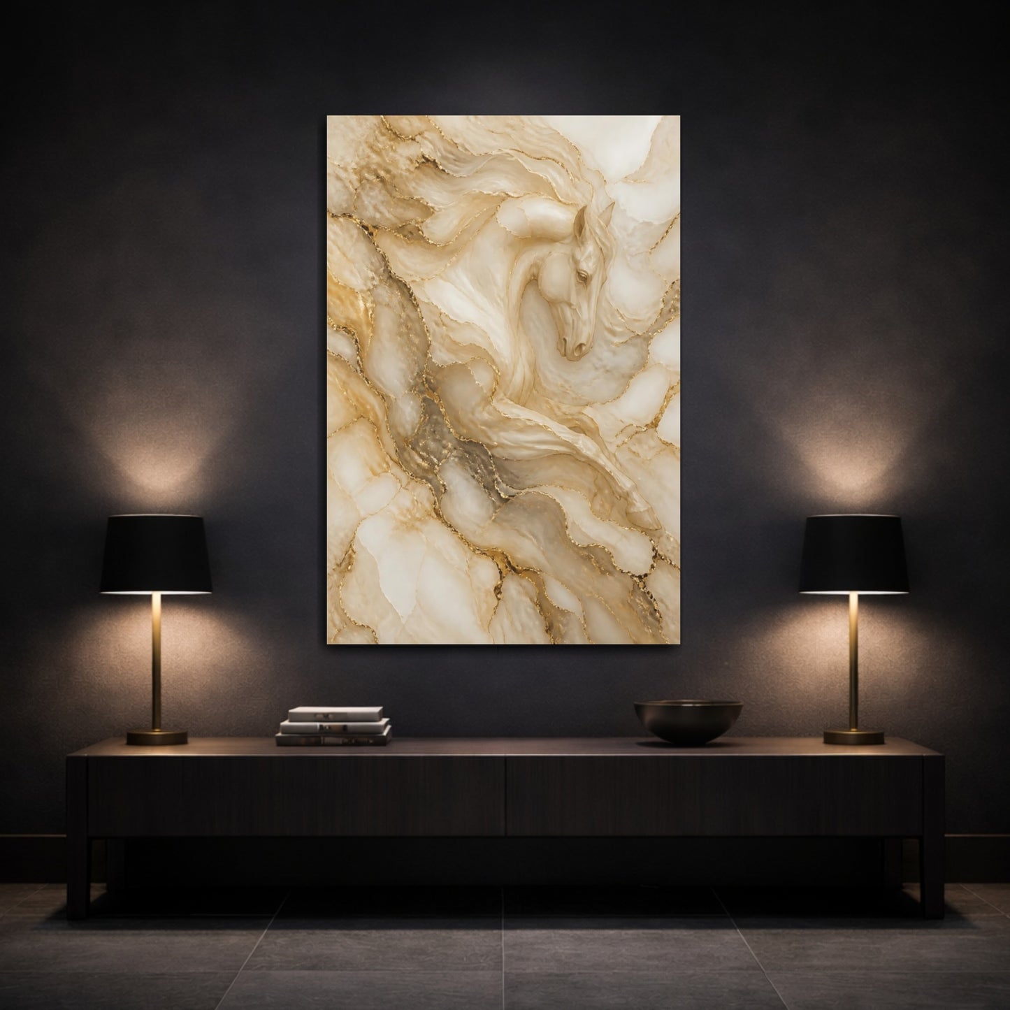 Mockup 3. Abstract Golden Horse shown as canvas print