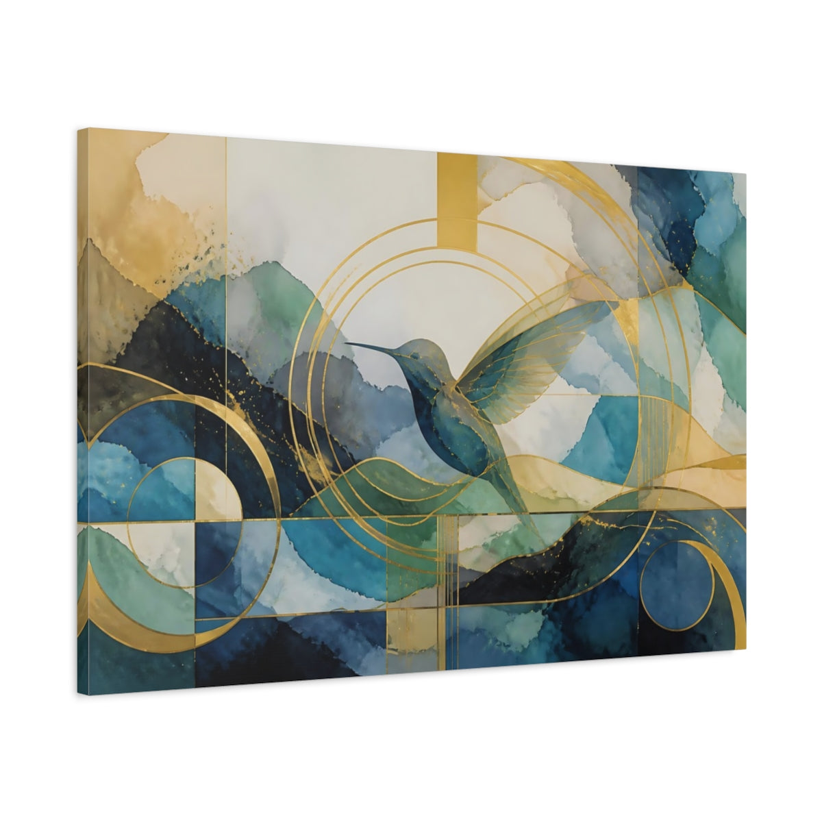Main Mockup. Abstract Golden Hummingbird shown as canvas print