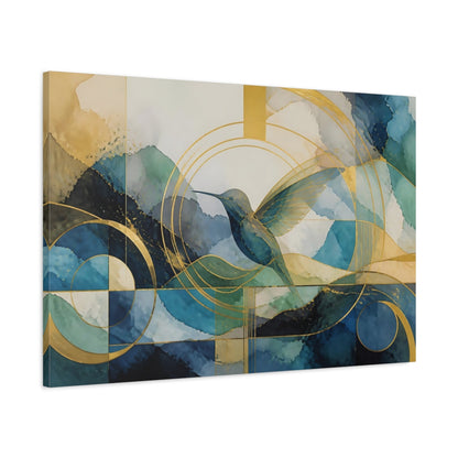 Main Mockup. Abstract Golden Hummingbird shown as canvas print