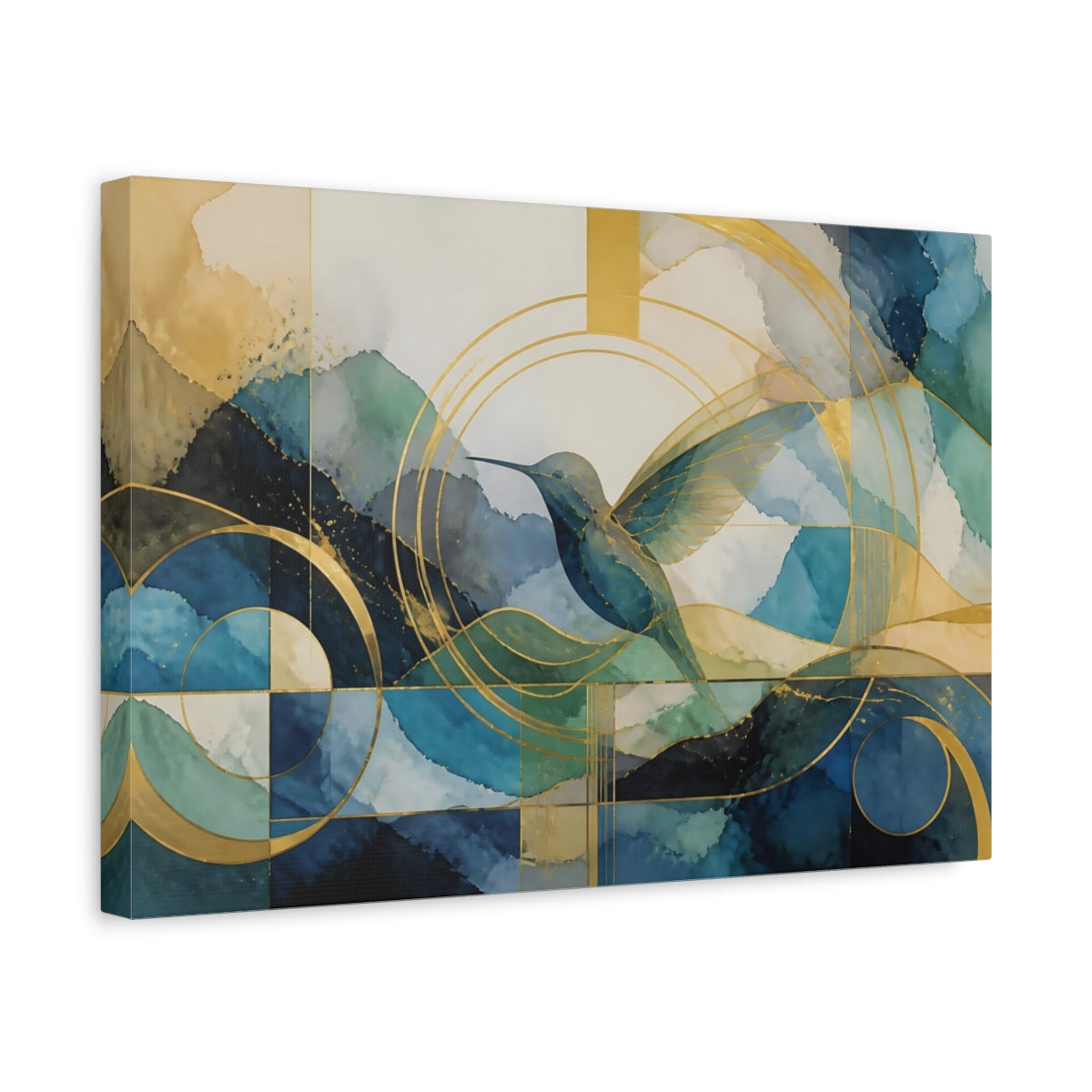 Side Mockup 4. Abstract Golden Hummingbird shown as canvas print