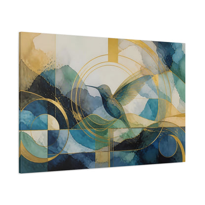 Side Mockup 1. Abstract Golden Hummingbird shown as canvas print