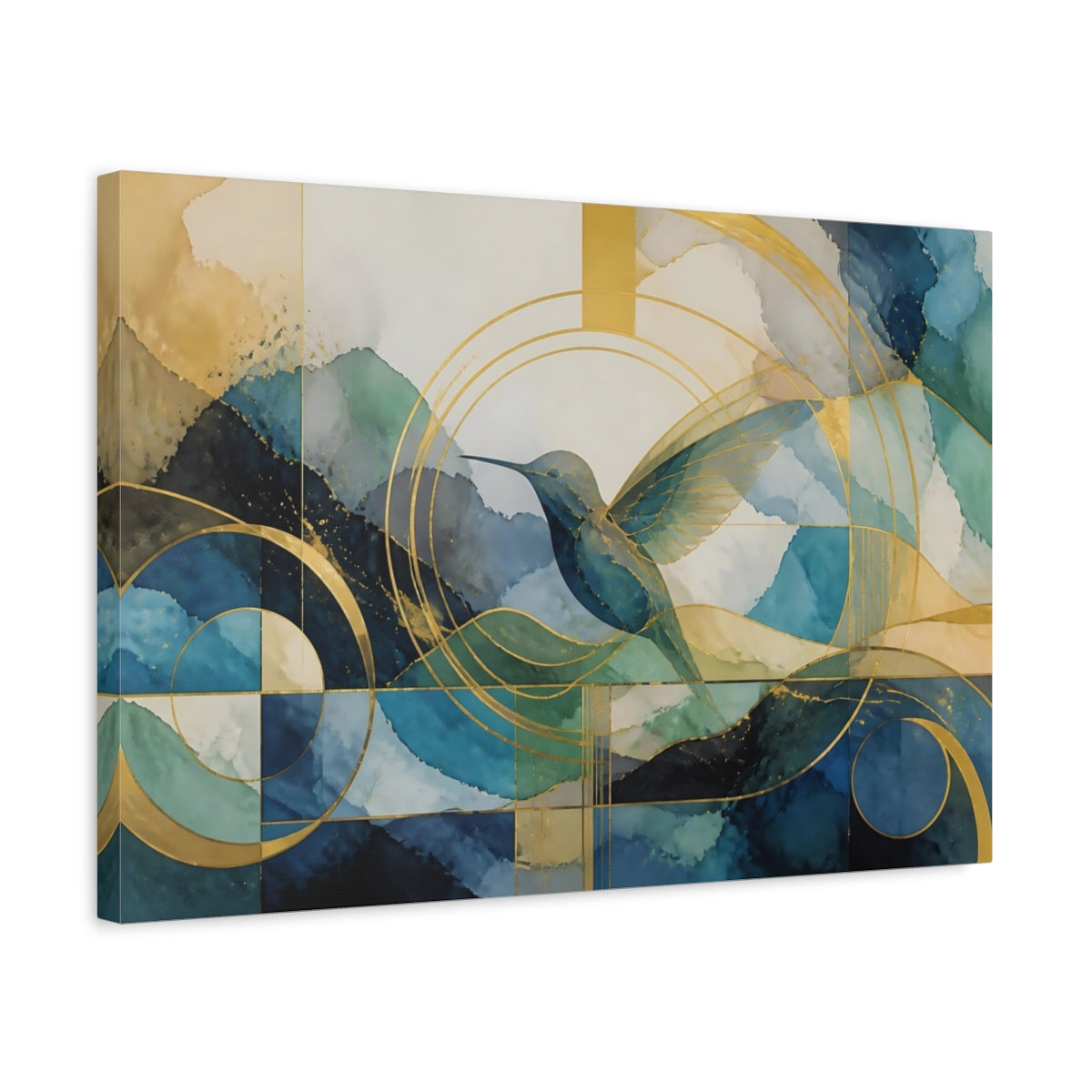 Side Mockup 3. Abstract Golden Hummingbird shown as canvas print