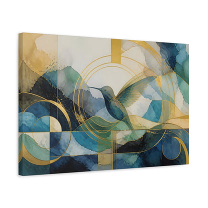 Side Mockup 3. Abstract Golden Hummingbird shown as canvas print