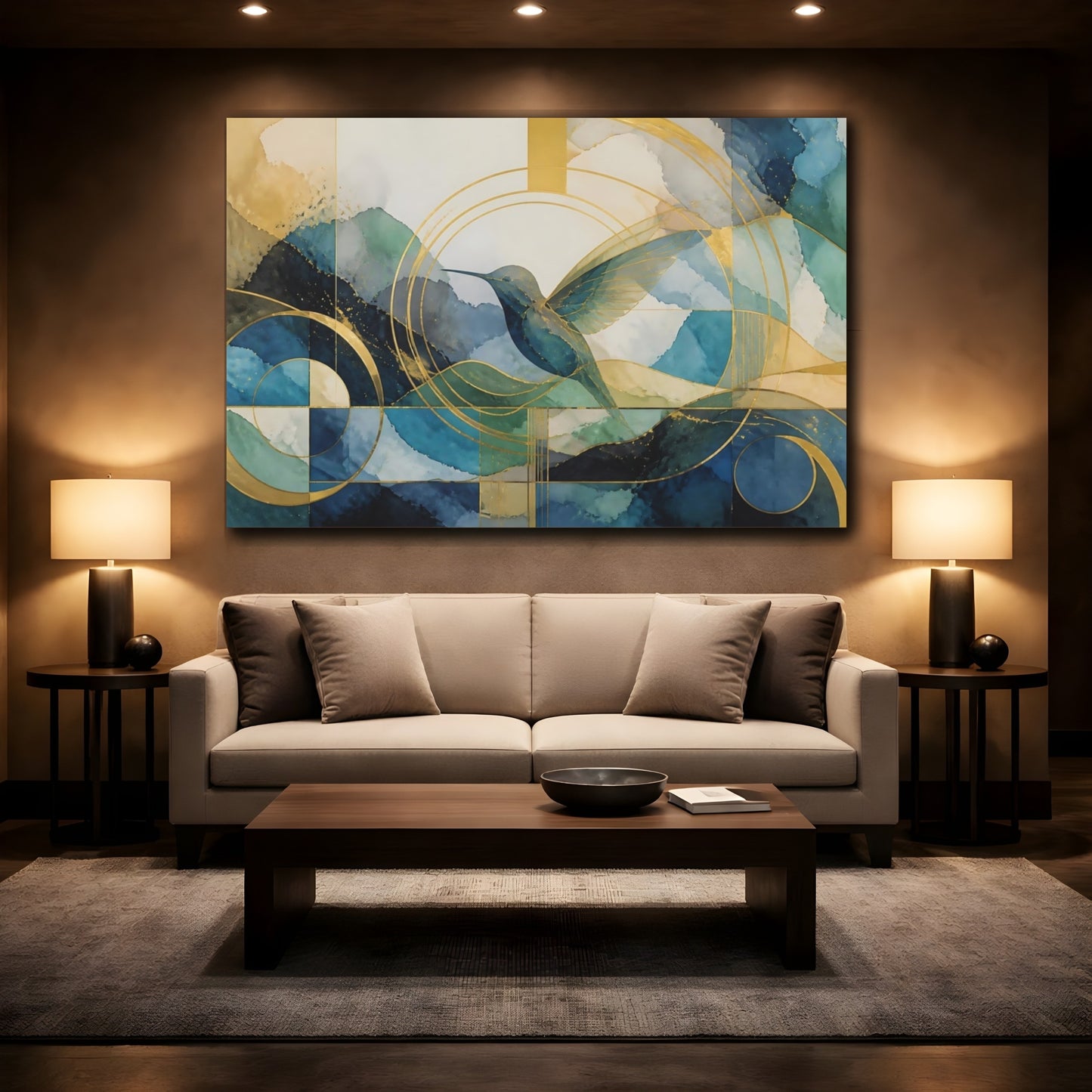 Mockup 2. Abstract Golden Hummingbird shown as canvas print