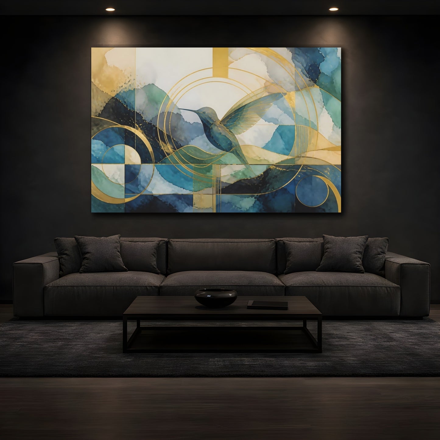 Mockup 3. Abstract Golden Hummingbird shown as canvas print