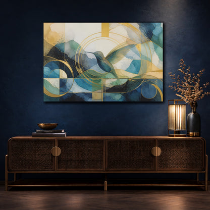 Mockup 4. Abstract Golden Hummingbird shown as canvas print