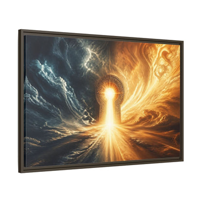 Main Mockup. Abstract Golden Keyhole Blue And Gold shown as stretched canvas wall art