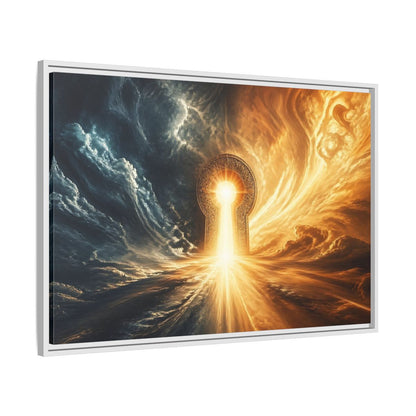 Side Mockup 9. Abstract Golden Keyhole Blue And Gold shown as stretched canvas wall art