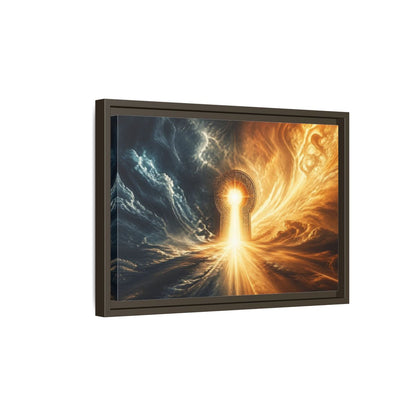 Side Mockup 5. Abstract Golden Keyhole Blue And Gold shown as stretched canvas wall art