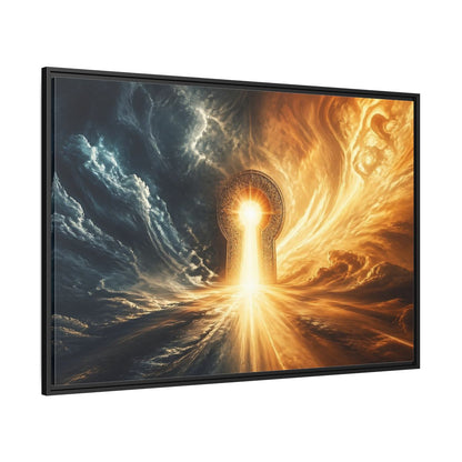 Side Mockup 12. Abstract Golden Keyhole Blue And Gold shown as stretched canvas wall art