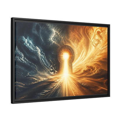 Side Mockup 14. Abstract Golden Keyhole Blue And Gold shown as stretched canvas wall art