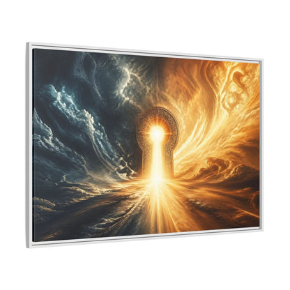 Side Mockup 7. Abstract Golden Keyhole Blue And Gold shown as stretched canvas wall art